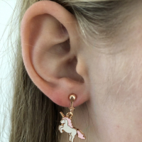 Clipoorbellen eenhoorn unicorn steigerend rozegoud, hangoorbellen