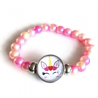 Armband, unicorn/eenhoorn-kralen roze