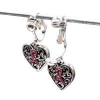 Clip oorbellen hartje Pink Ribbon, hangoorbellen