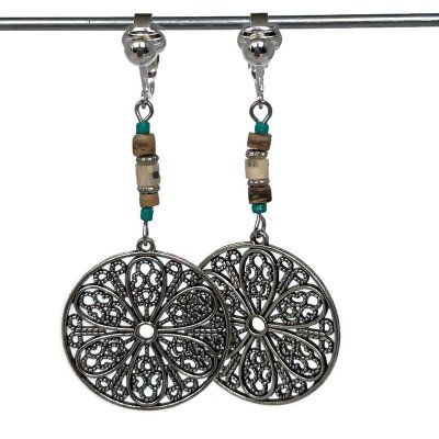 Clipoorbellen boho-chic, rond filigraan turquoise-beige met kraaltjes, hangoorbellen