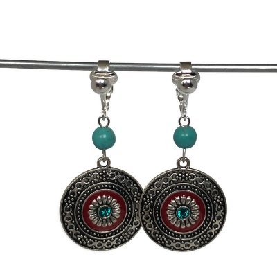 Clipoorbellen boho-chic, rond turquoise-rood met kraal, hangoorbellen