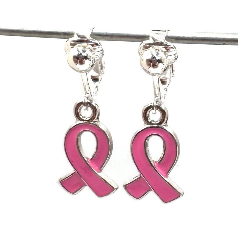 Clip oorbellen lintje Pink Ribbon, hangoorbellen