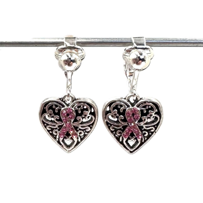 Clip oorbellen hartje Pink Ribbon, hangoorbellen
