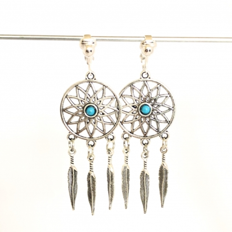 Clipoorbellen boho-chic, dromenvanger turquoise, hangoorbellen