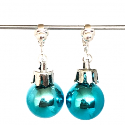 Clipoorbellen kerstbal klein plastic blauw/turquoise glanzend, hangoorbellen Clipoorbellen kerstbal klein plastic blauw/turquoise glanzend, hangoorbellen