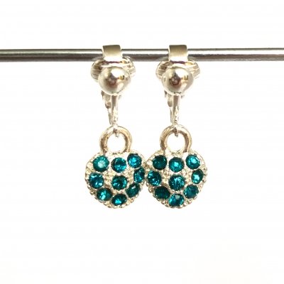 Clipoorbellen hart met veel glitters turquoise, hangoorbellen