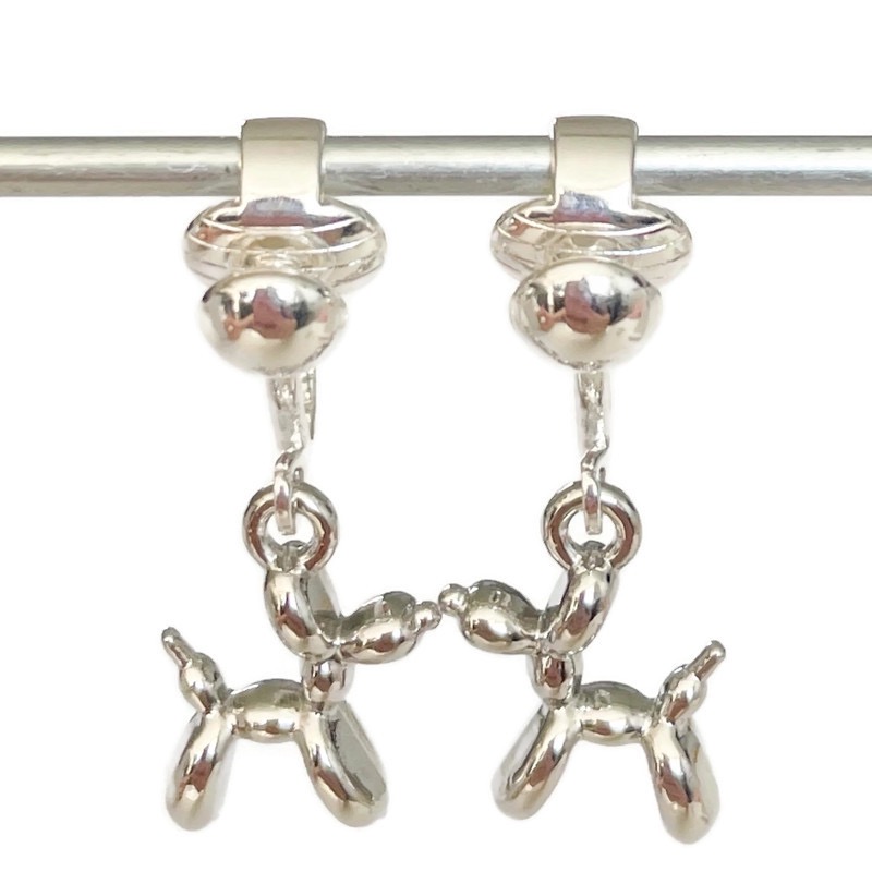 Clip oorbellen ballonnen hond zilver, hangoorbellen