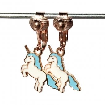 Clipoorbellen eenhoorn unicorn steigerend rozegoud blauw, hangoorbellen