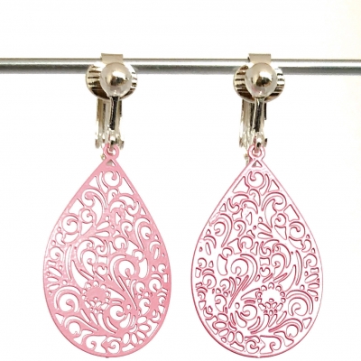 Clipoorbellen filigraan boho-chic roze druppel, hangoorbellen Clipoorbellen filigraan boho-chic roze druppel, hangoorbellen