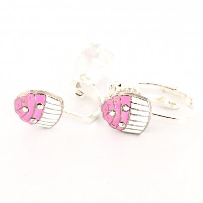 Clipoorbellen cupcake roze/zilver, knopje