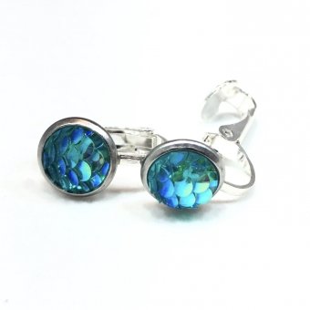 Clipoorbellen zeemeerminschubben mini turquoise, knopjes